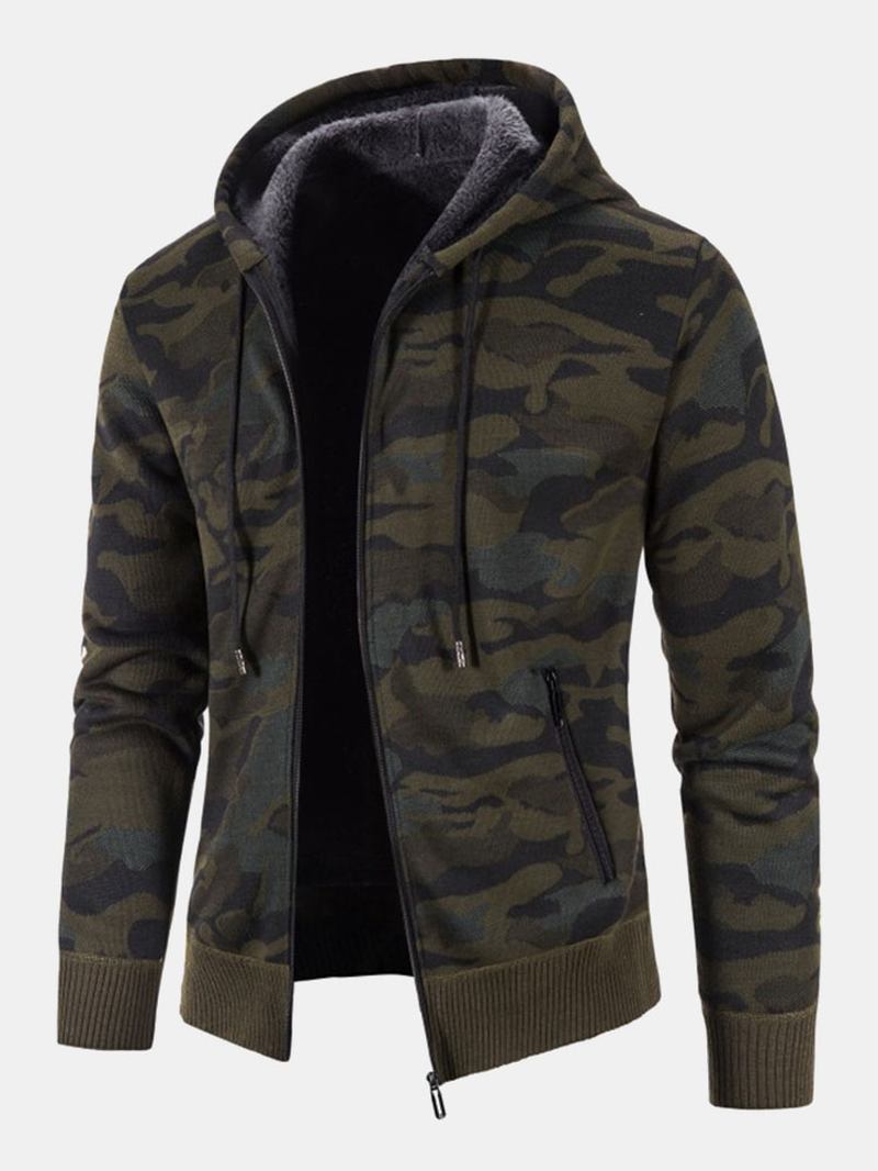 Män Cotton Camo Tryckt Plysch Fodrad Dragkedja Slant Pockets Jackor