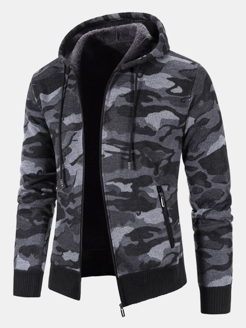 Män Cotton Camo Tryckt Plysch Fodrad Dragkedja Slant Pockets Jackor