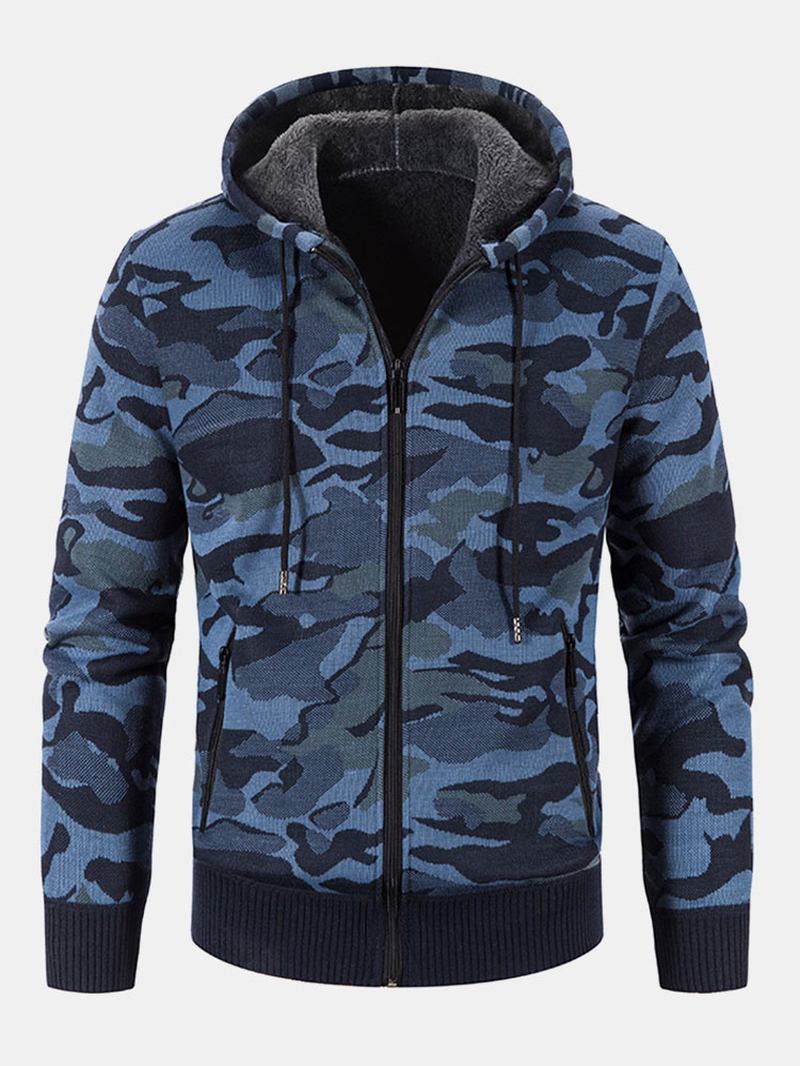 Män Cotton Camo Tryckt Plysch Fodrad Dragkedja Slant Pockets Jackor