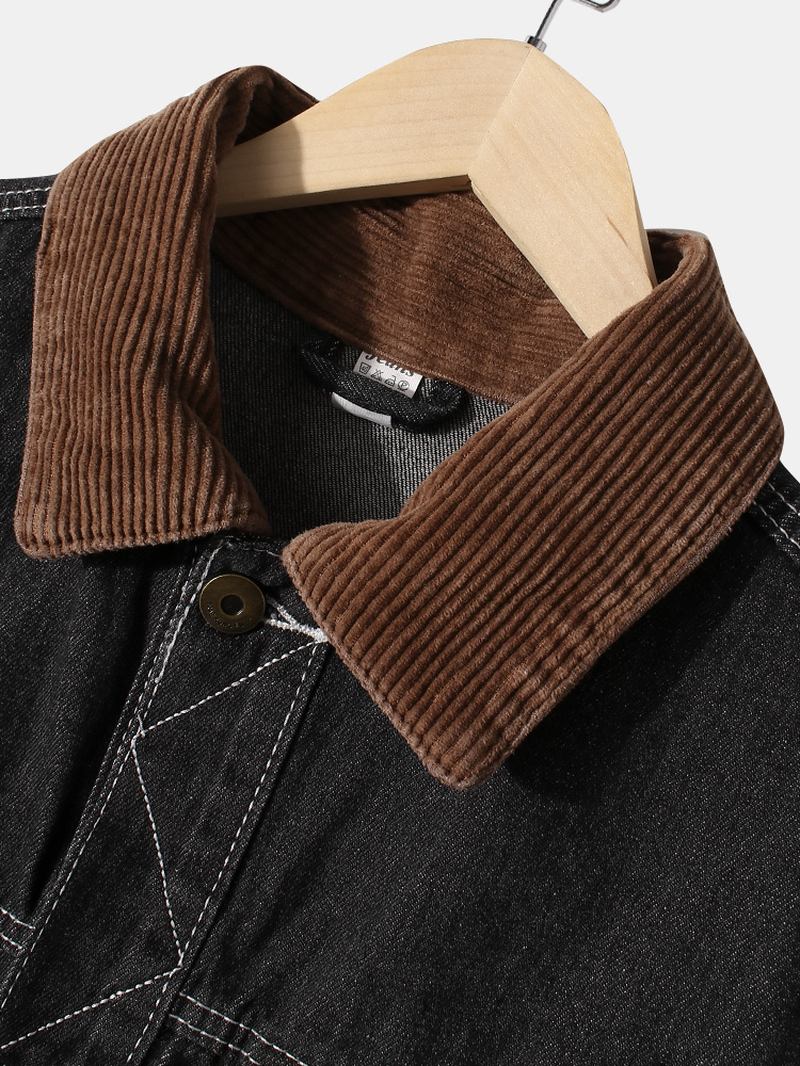 Män Etikettmönster Patchwork Lapel Långärmad Svart Jeansjacka