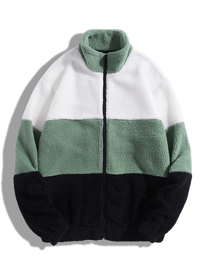 Män Fleece Patchwork Colorblock Stand Collar Zip Jackor