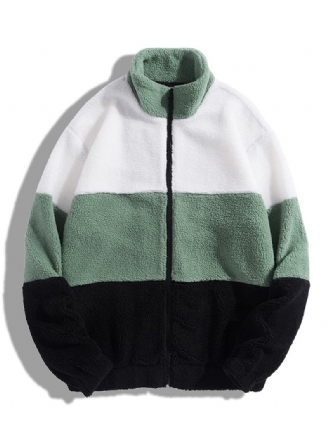 Män Fleece Patchwork Colorblock Stand Collar Zip Jackor