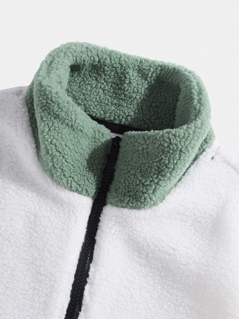 Män Fleece Patchwork Colorblock Stand Collar Zip Jackor