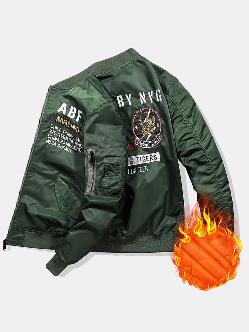 Män Letter Mönster Baseball Krage Multi Pocket Vattentät Blixtlås Bomber Jacka