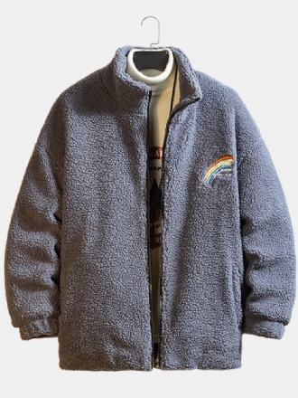 Män Letter Rainbow Broderad Zip Front Fleece Varm Casual Jacka