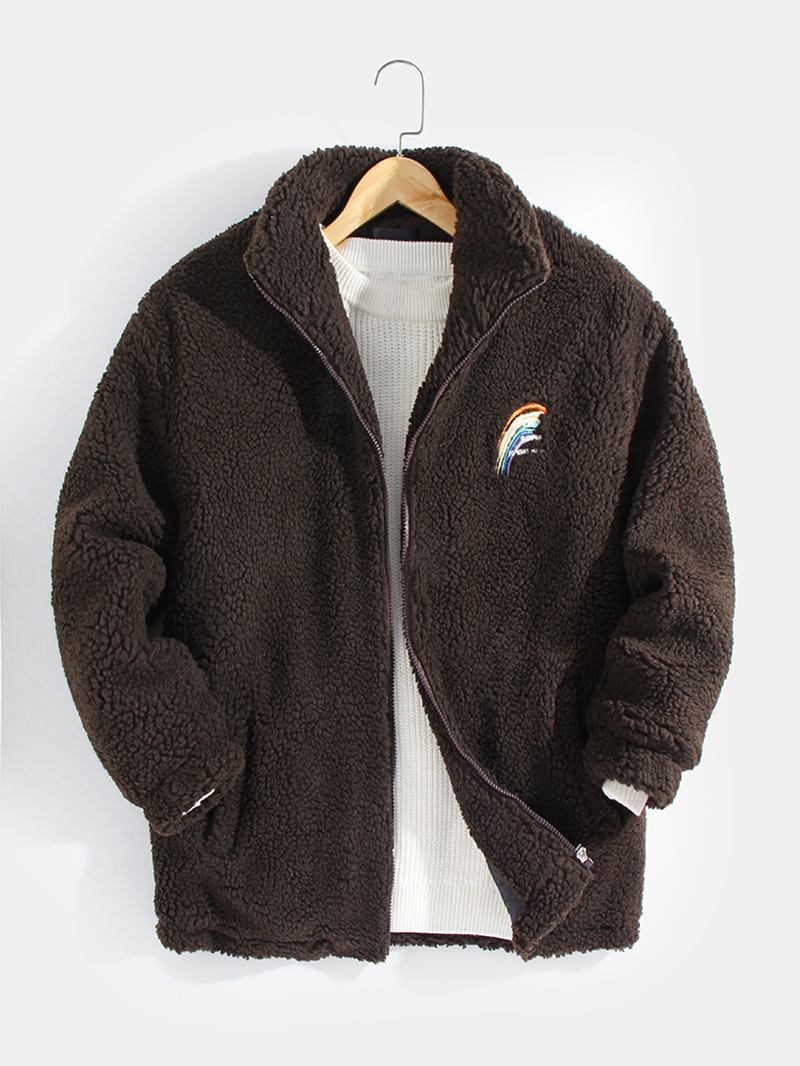 Män Letter Rainbow Broderad Zip Front Fleece Varm Casual Jacka