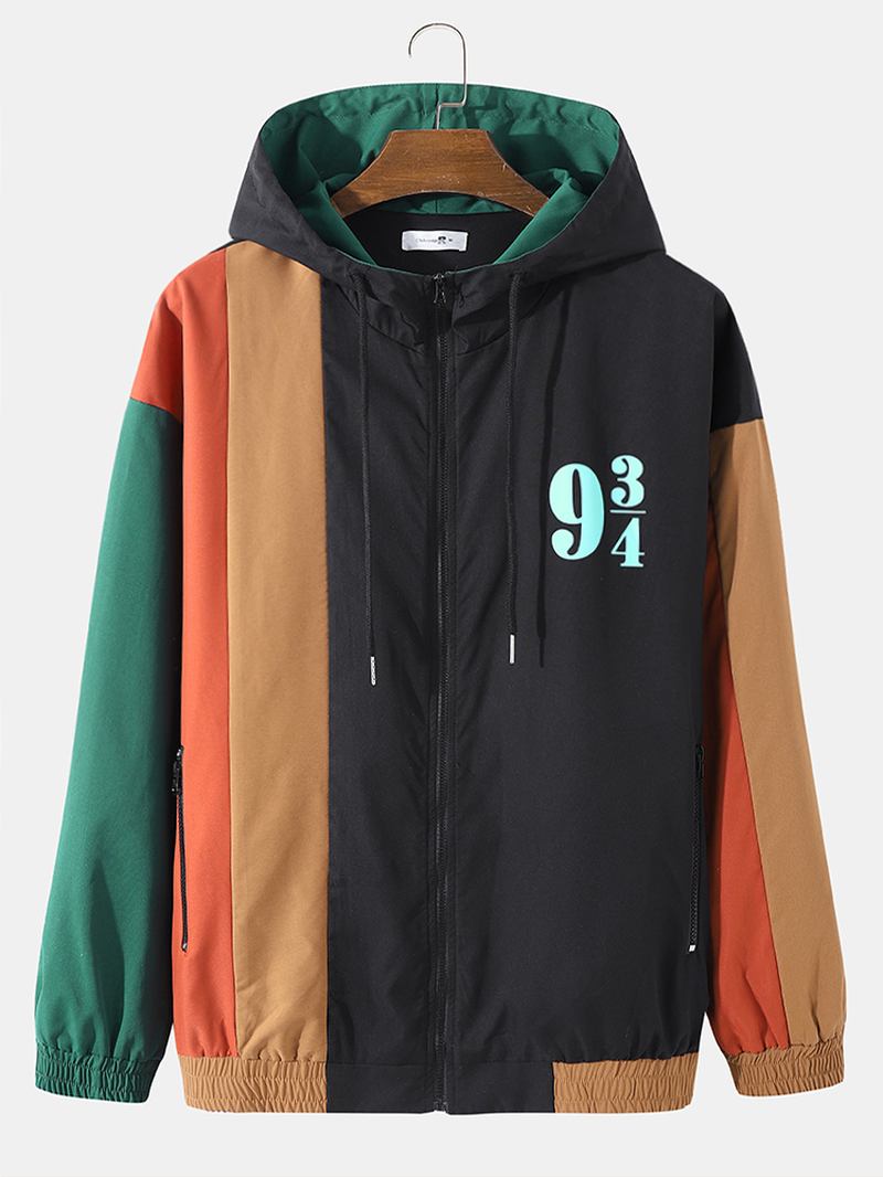 Män Patchwork Färg Block Med Tryck Full Zip Pocket Hoodies Windbreaker Jackor