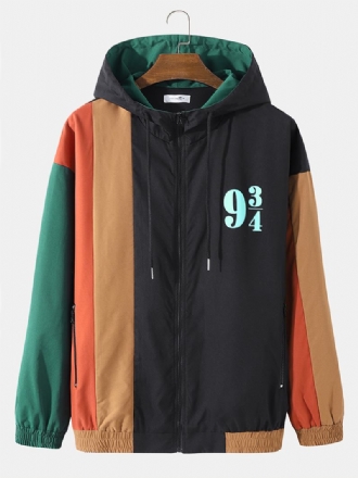 Män Patchwork Färg Block Med Tryck Full Zip Pocket Hoodies Windbreaker Jackor