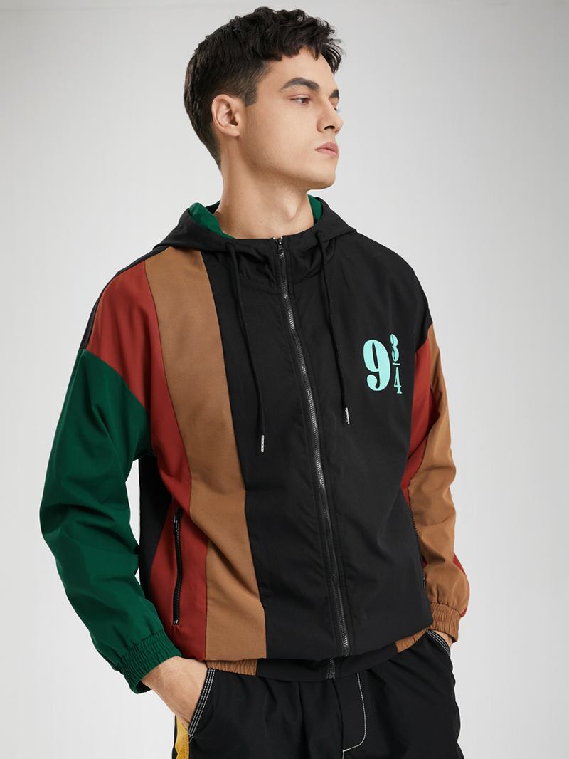 Män Patchwork Färg Block Med Tryck Full Zip Pocket Hoodies Windbreaker Jackor