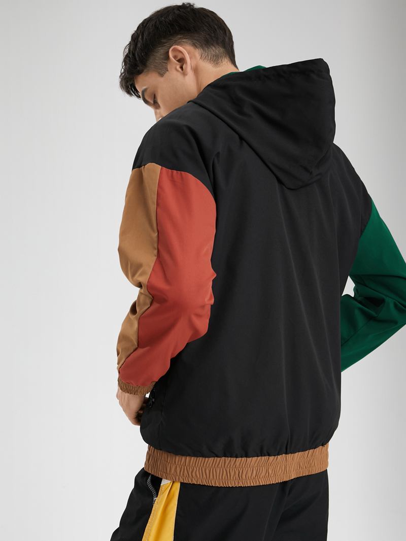 Män Patchwork Färg Block Med Tryck Full Zip Pocket Hoodies Windbreaker Jackor