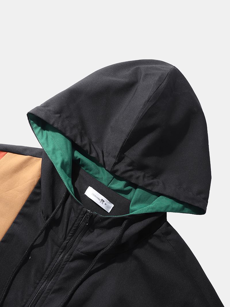 Män Patchwork Färg Block Med Tryck Full Zip Pocket Hoodies Windbreaker Jackor