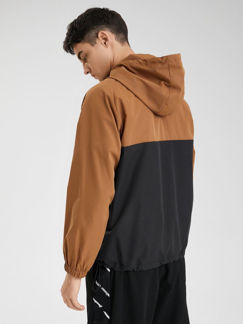 Män Patchwork Färg Block Zip Broderi Hoodies Windbreaker Jackor