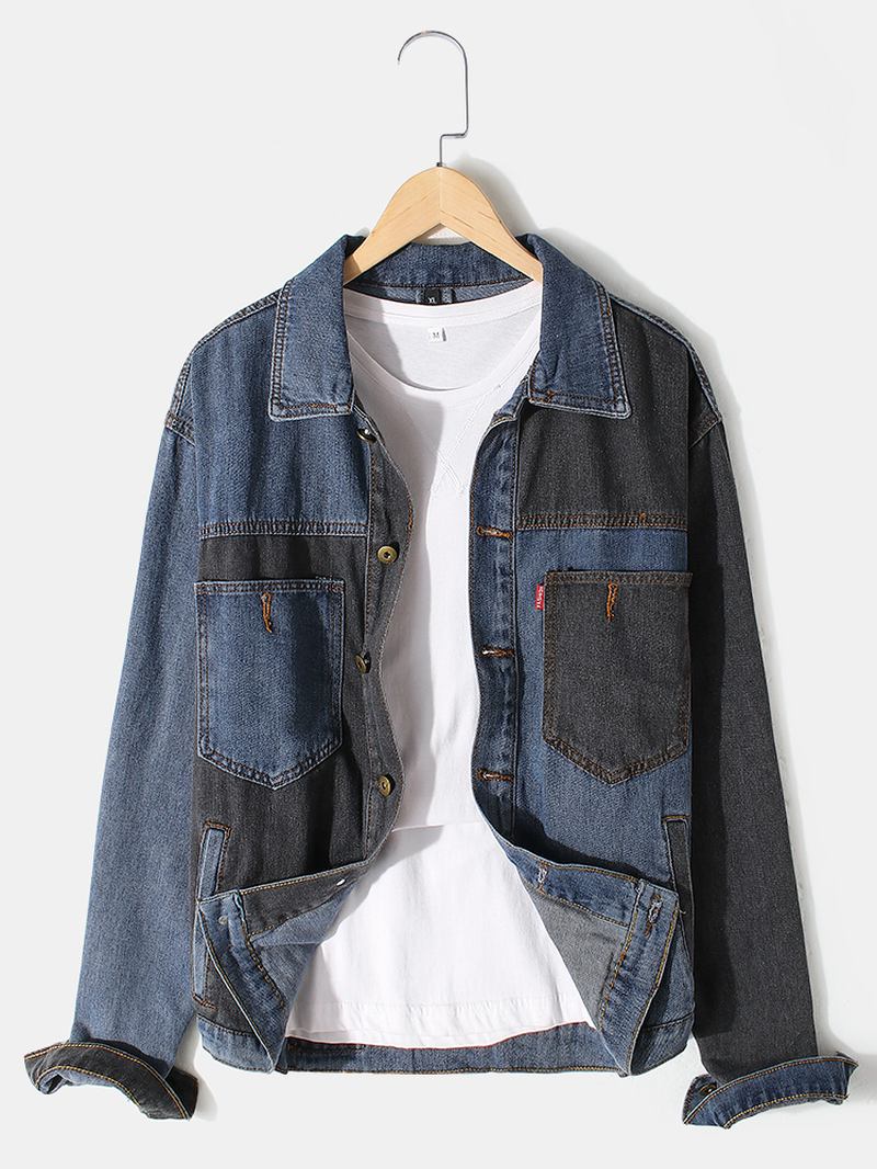 Män Patchwork Multi Pocket Lapel Distressed Jeansjacka