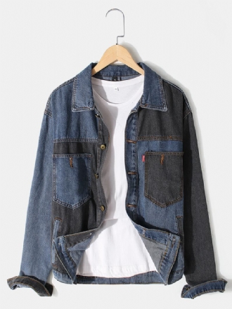 Män Patchwork Multi Pocket Lapel Distressed Jeansjacka