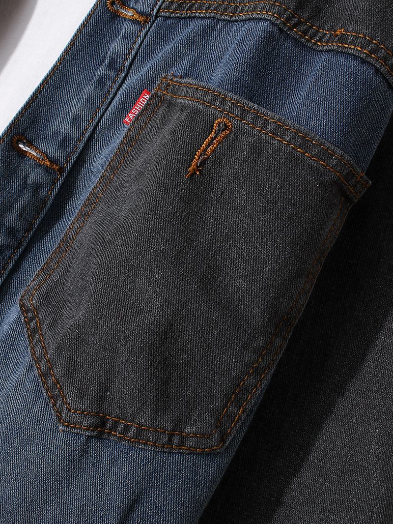 Män Patchwork Multi Pocket Lapel Distressed Jeansjacka