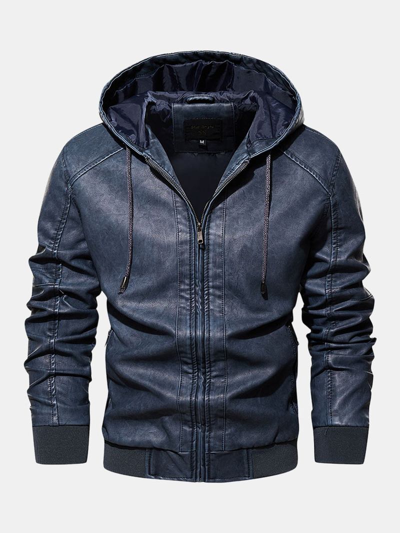 Män Pu Letter Elastisk Fåll Dragsko Hooded Zipper Jackor