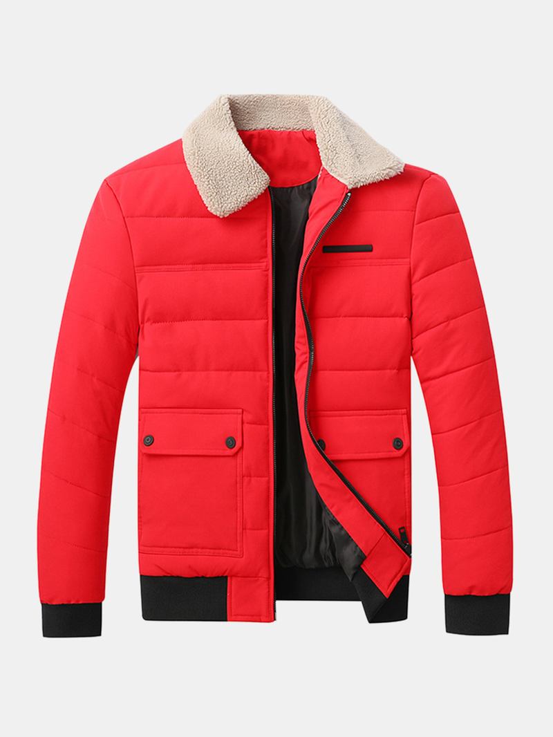 Män Quilted Sherpa Lapel Collar Zip Front Tjock Jacka Med Flap Pocket