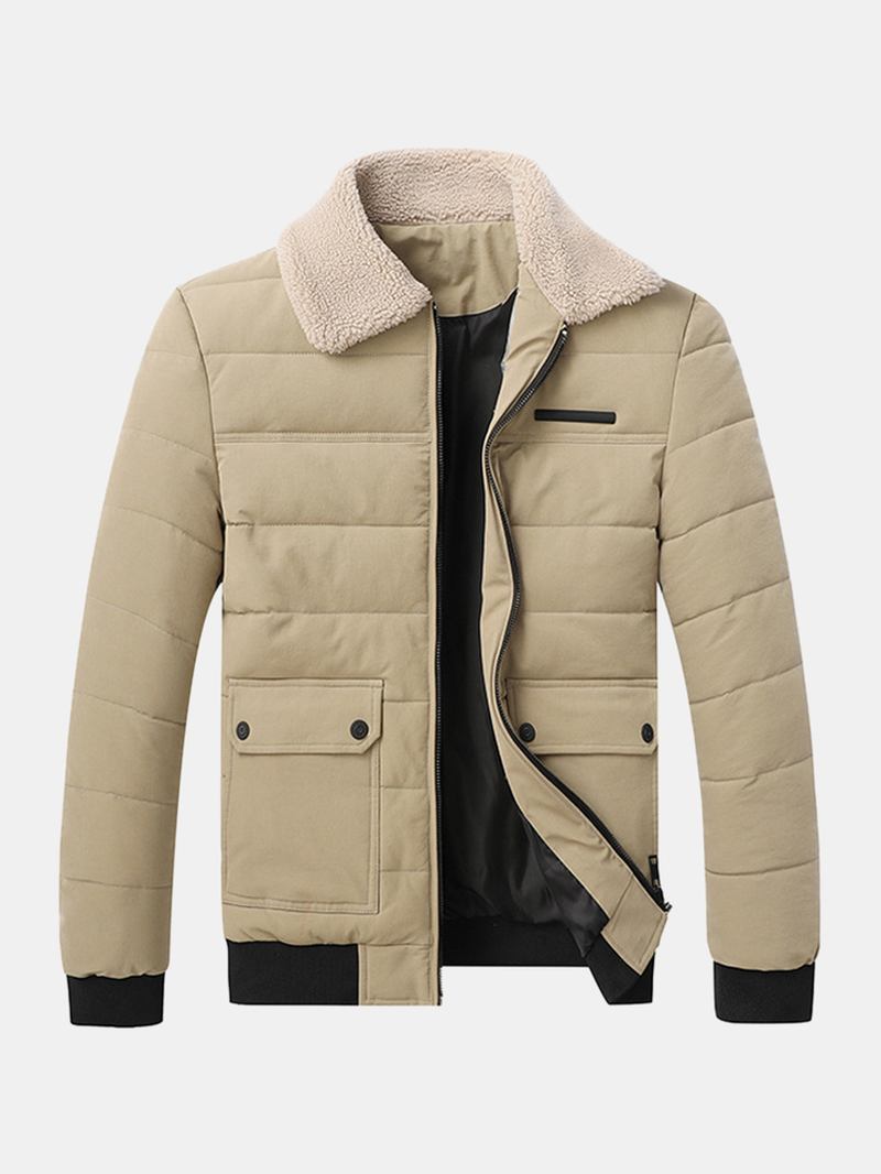 Män Quilted Sherpa Lapel Collar Zip Front Tjock Jacka Med Flap Pocket