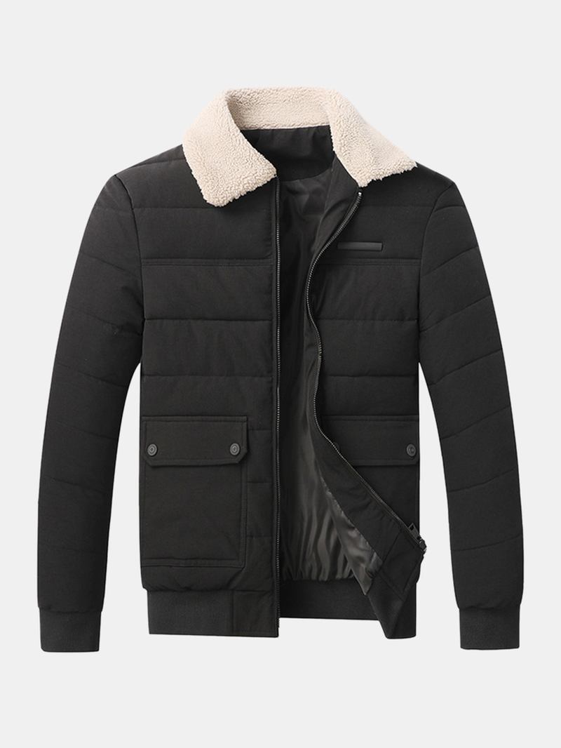 Män Quilted Sherpa Lapel Collar Zip Front Tjock Jacka Med Flap Pocket