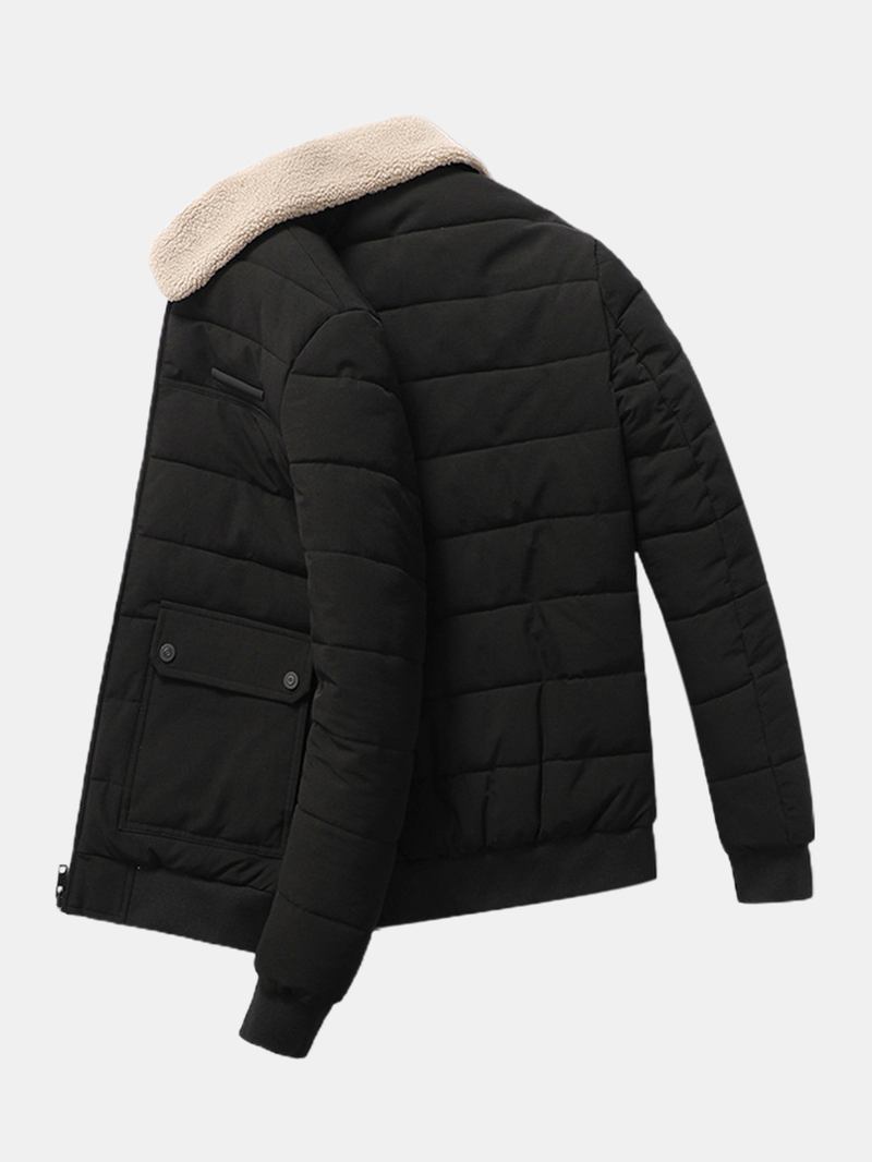 Män Quilted Sherpa Lapel Collar Zip Front Tjock Jacka Med Flap Pocket