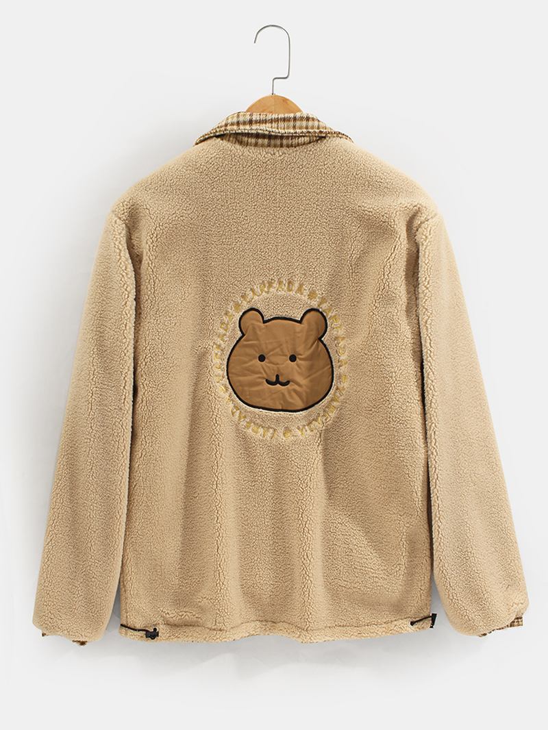 Män Rutig Bear Letter Broderad Lapel Vändbar Fleece Casual Jacka