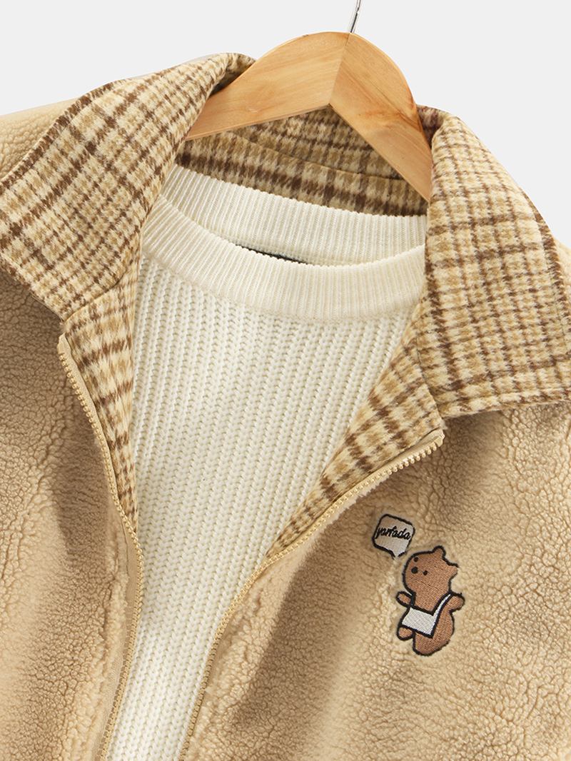 Män Rutig Bear Letter Broderad Lapel Vändbar Fleece Casual Jacka