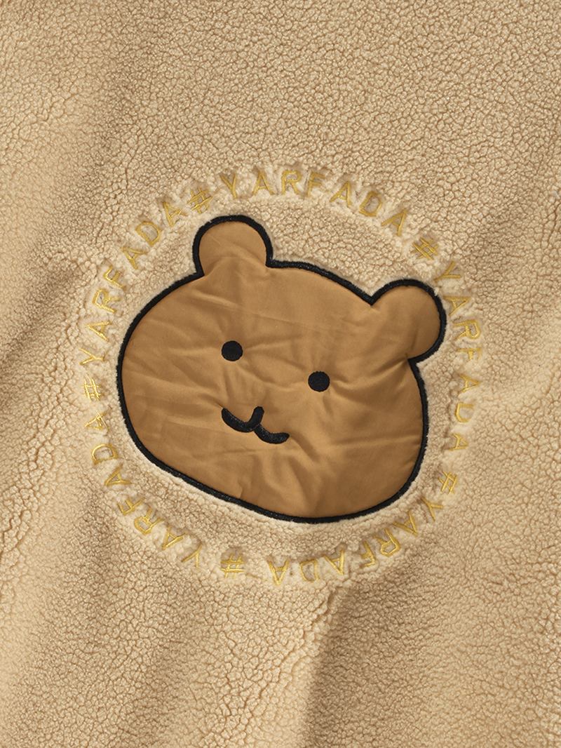 Män Rutig Bear Letter Broderad Lapel Vändbar Fleece Casual Jacka