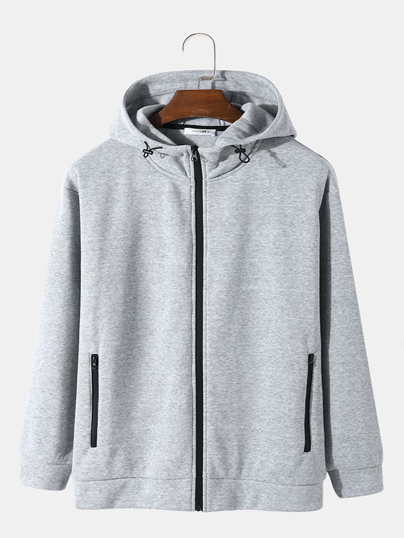 Män Stickade Ren Enfärgad Dragkedja Dubbla Fickor Hooded Casual Hood Jackor