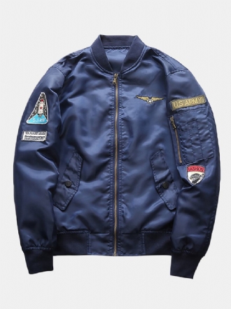 Man Applique Vintage Solid Zipper Up Bomberjacka Med Ficka