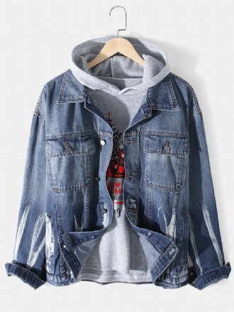 Man Distressed Flap Pocket Lapel Long Sleeve Cotton Denim Jacket