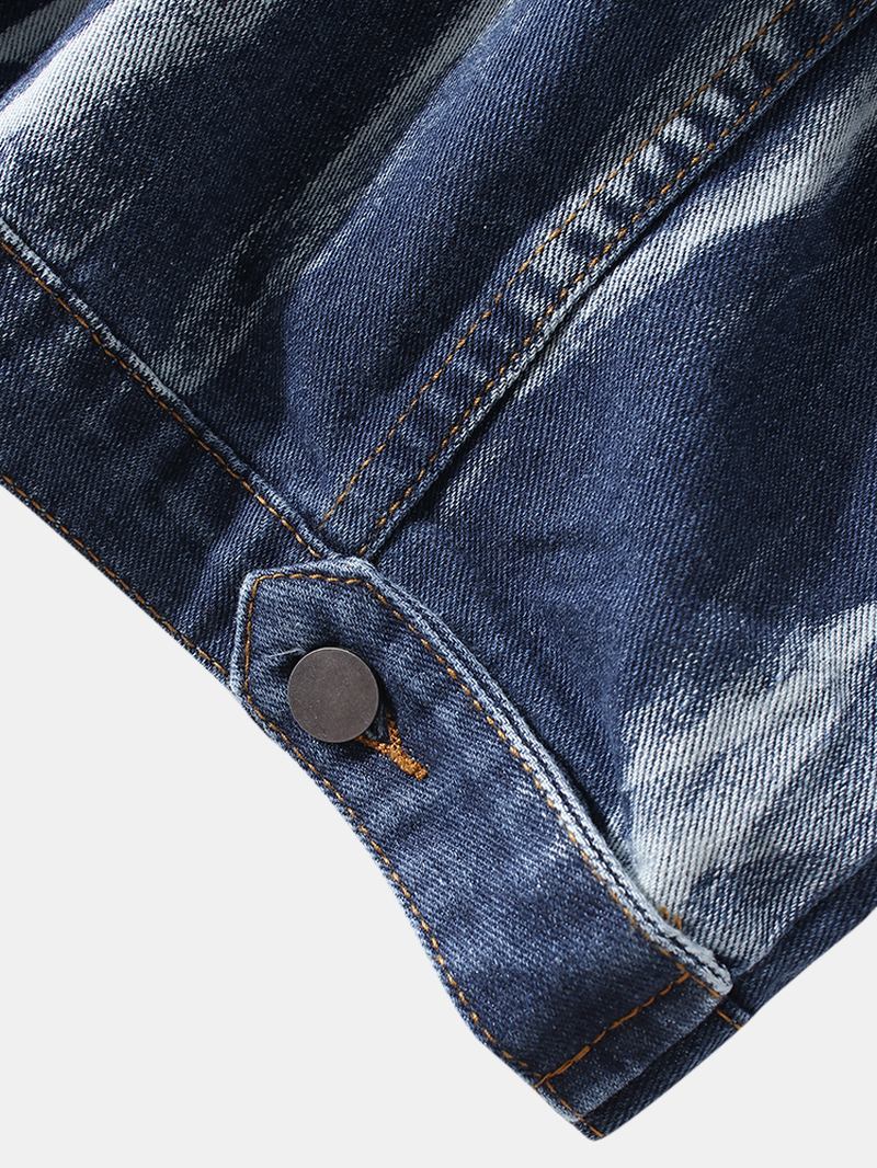 Man Distressed Flap Pocket Lapel Long Sleeve Cotton Denim Jacket