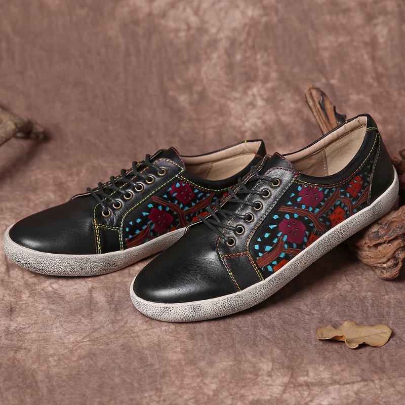 Floral Cutout Sticks Retro Läder Snöra Flat Sneakers