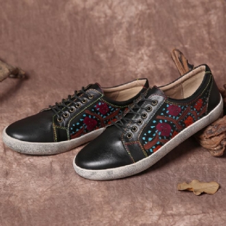 Floral Cutout Sticks Retro Läder Snöra Flat Sneakers