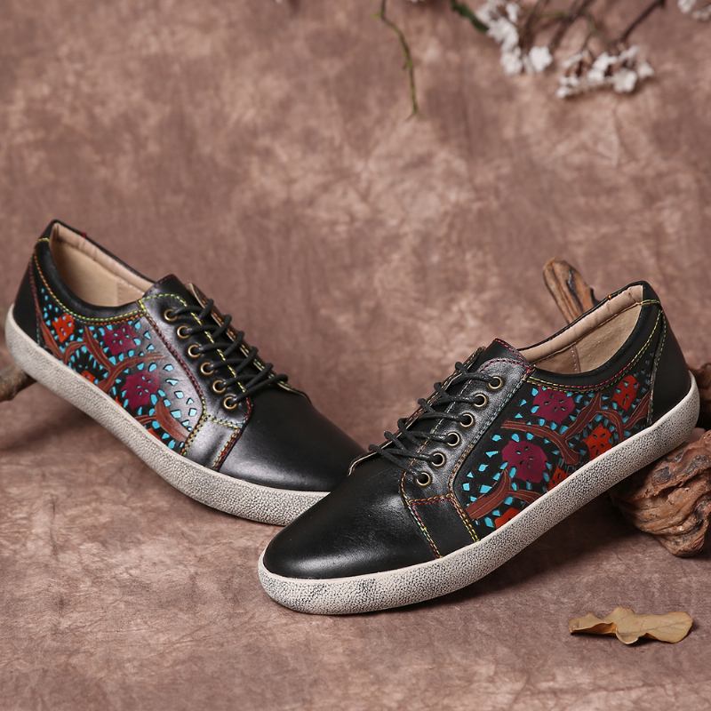 Floral Cutout Sticks Retro Läder Snöra Flat Sneakers