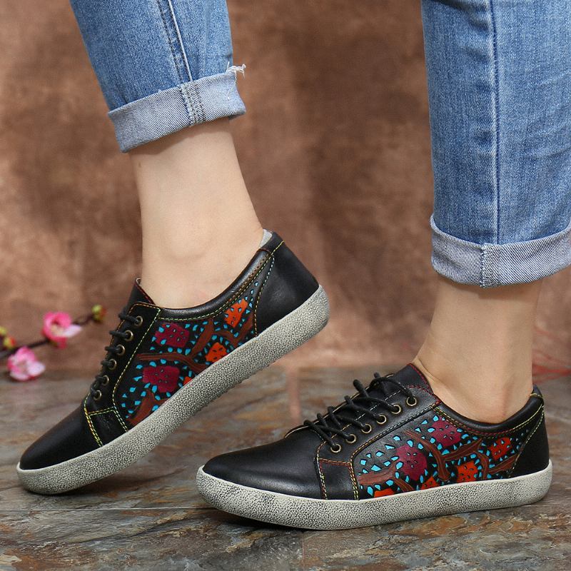 Floral Cutout Sticks Retro Läder Snöra Flat Sneakers