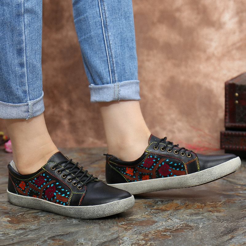 Floral Cutout Sticks Retro Läder Snöra Flat Sneakers