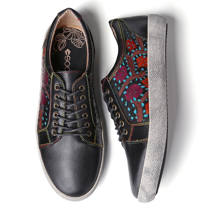 Floral Cutout Sticks Retro Läder Snöra Flat Sneakers