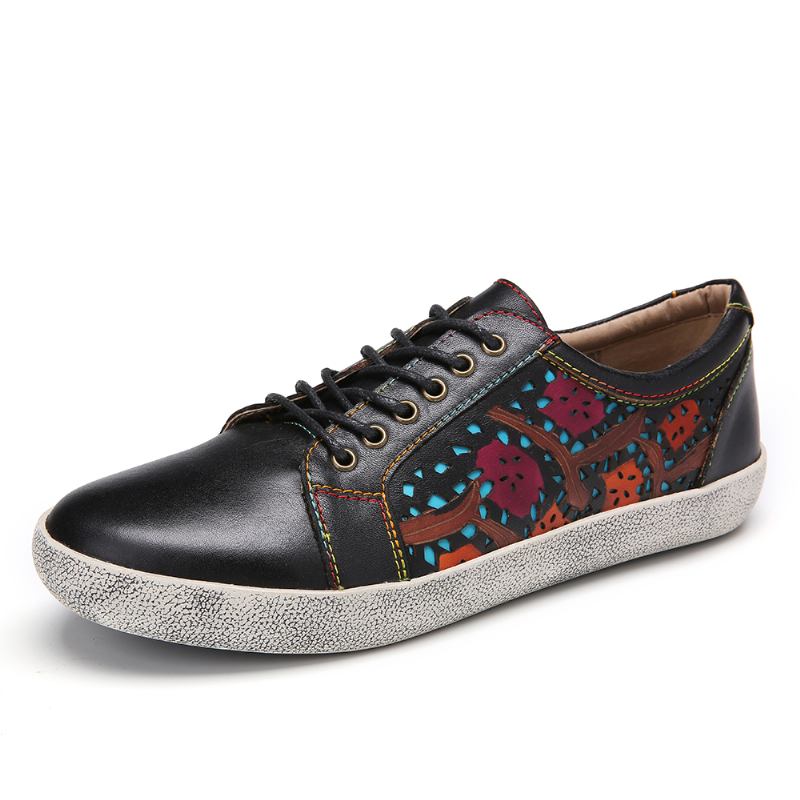 Floral Cutout Sticks Retro Läder Snöra Flat Sneakers