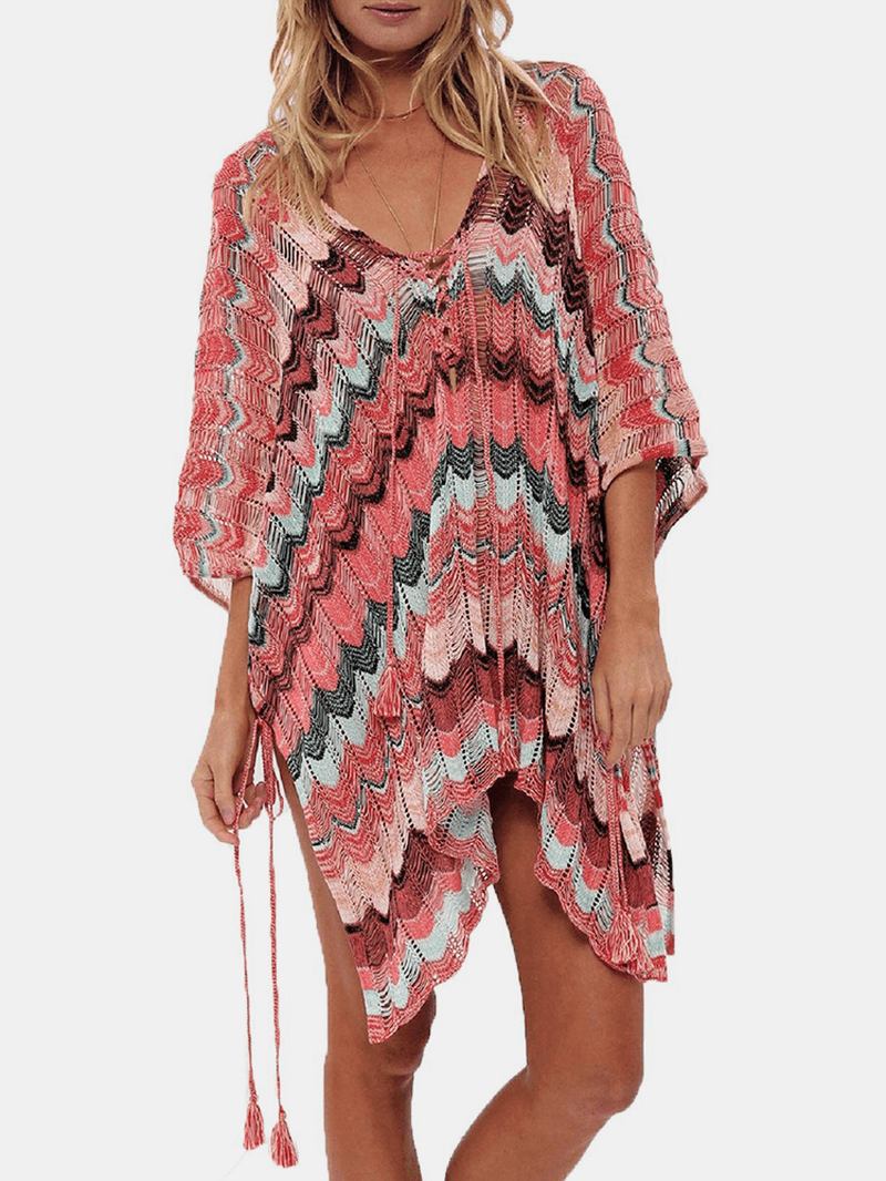 Dam Stripes Vintage Med Tryck Bandage Side Slit Solskydd Cover Ups Beach Badkläder