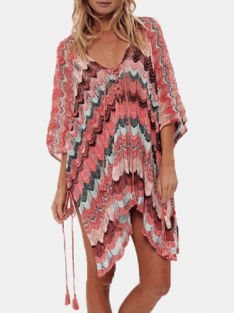 Dam Stripes Vintage Med Tryck Bandage Side Slit Solskydd Cover Ups Beach Badkläder