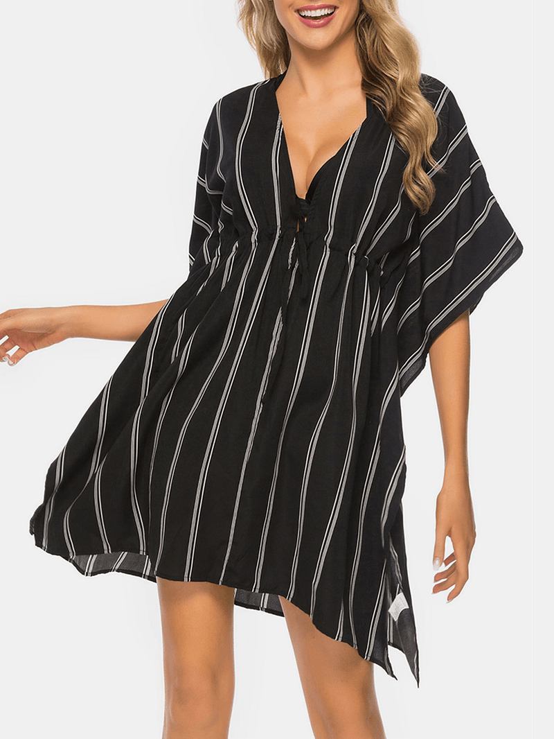 Plus Size Dam Randig Front Tie Bat Sleeve Lös Solskydd Cover Ups