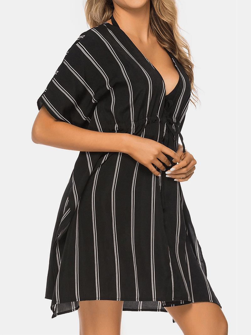 Plus Size Dam Randig Front Tie Bat Sleeve Lös Solskydd Cover Ups