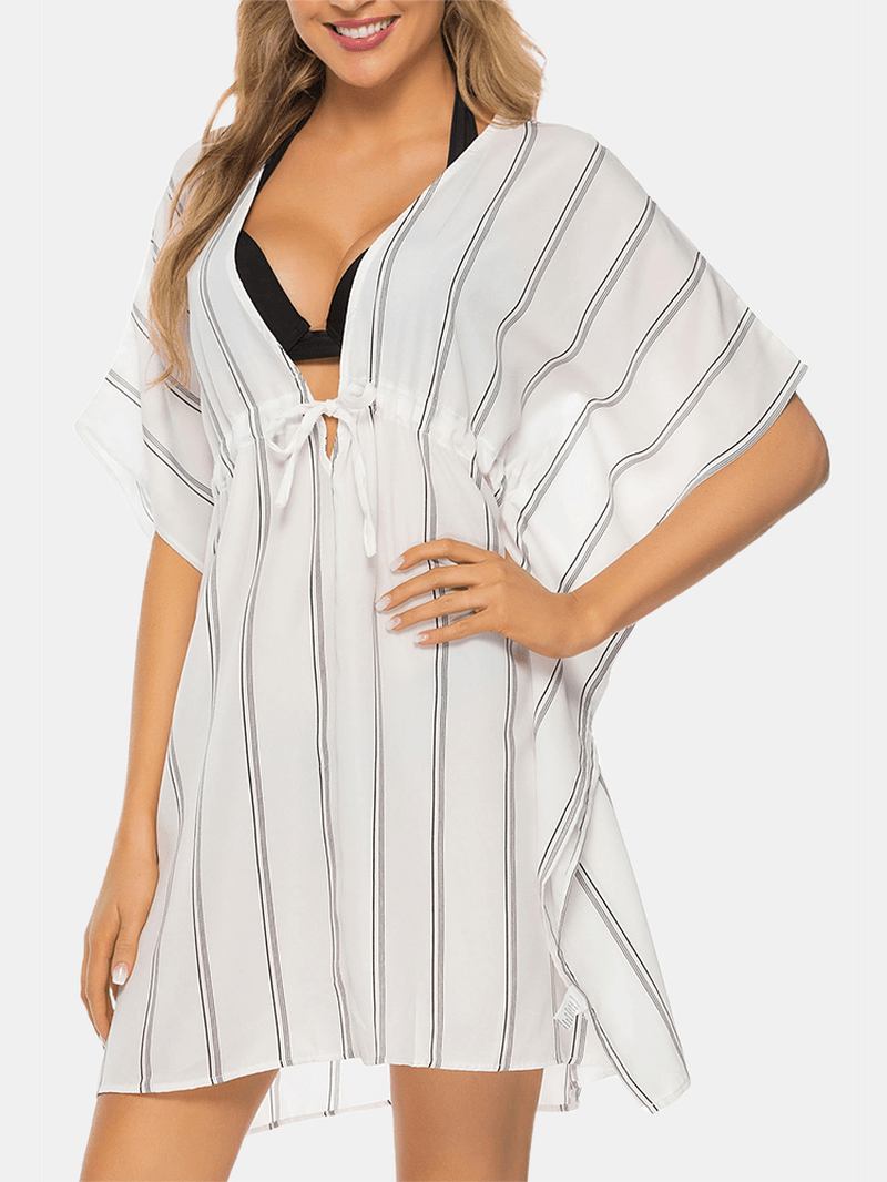 Plus Size Dam Randig Front Tie Bat Sleeve Lös Solskydd Cover Ups