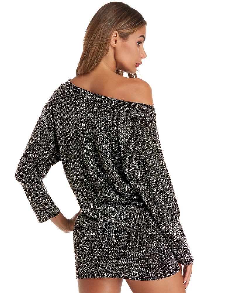 Kvinnor Fin Flash Off Shoulder Batwing Sleeve Cotton Hip Kjol Klänning