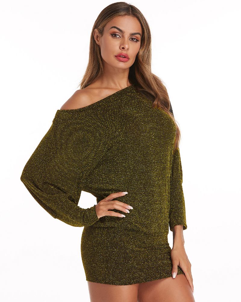 Kvinnor Fin Flash Off Shoulder Batwing Sleeve Cotton Hip Kjol Klänning