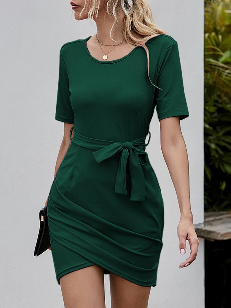 Kvinnor Kortärmad Crew Neck Bodycon Belted Split Wrap Dress