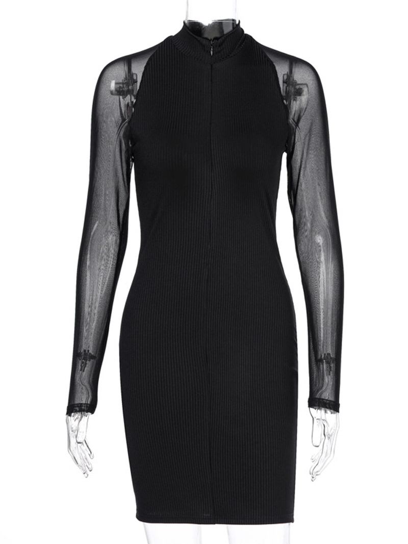 Kvinnor Ståkrage Front Dragkedja Mesh Långärmad Slim Wrap Dress