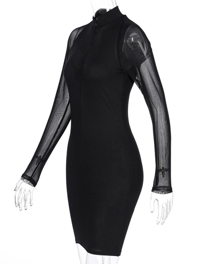 Kvinnor Ståkrage Front Dragkedja Mesh Långärmad Slim Wrap Dress