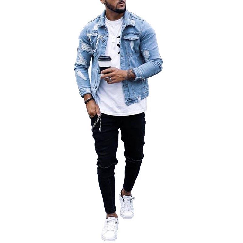 Lapel Herr Denim Jacka Ripped Irregular Washed Jacket