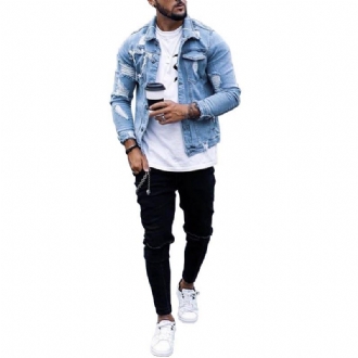 Lapel Herr Denim Jacka Ripped Irregular Washed Jacket